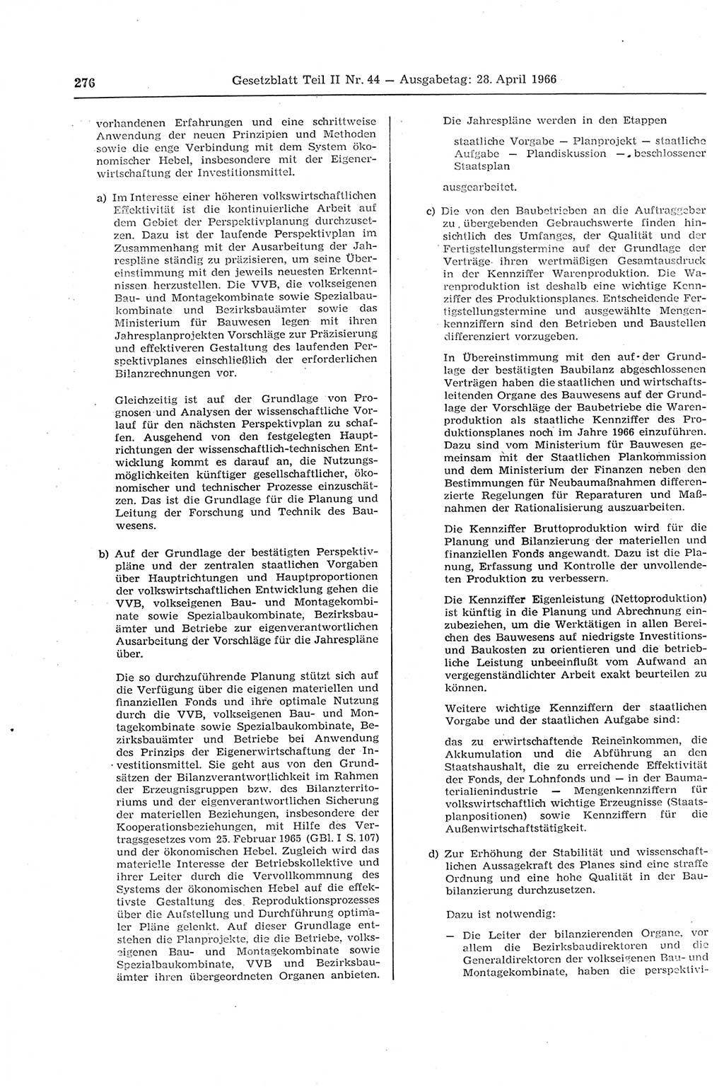 Gesetzblatt (GBl.) der Deutschen Demokratischen Republik (DDR) Teil ⅠⅠ 1966, Seite 276 (GBl. DDR ⅠⅠ 1966, S. 276)