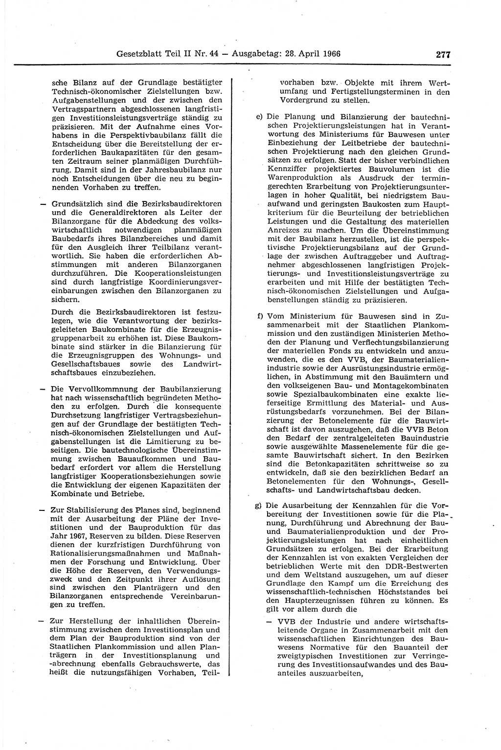 Gesetzblatt (GBl.) der Deutschen Demokratischen Republik (DDR) Teil ⅠⅠ 1966, Seite 277 (GBl. DDR ⅠⅠ 1966, S. 277)
