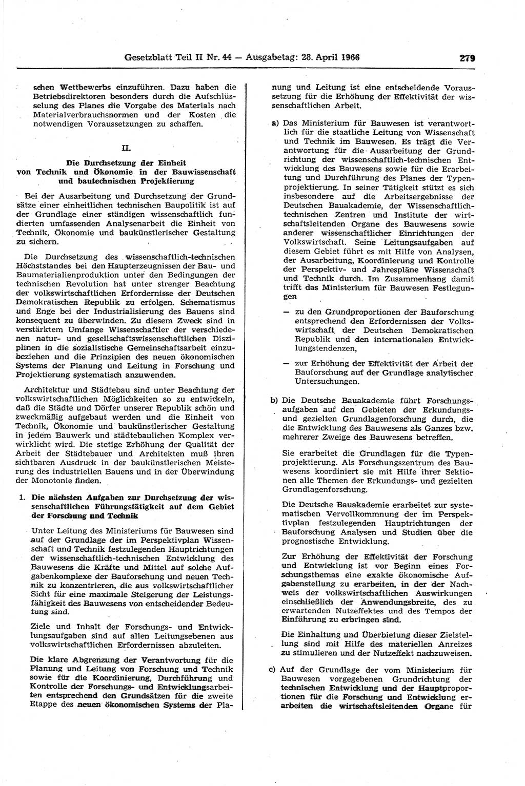 Gesetzblatt (GBl.) der Deutschen Demokratischen Republik (DDR) Teil ⅠⅠ 1966, Seite 279 (GBl. DDR ⅠⅠ 1966, S. 279)