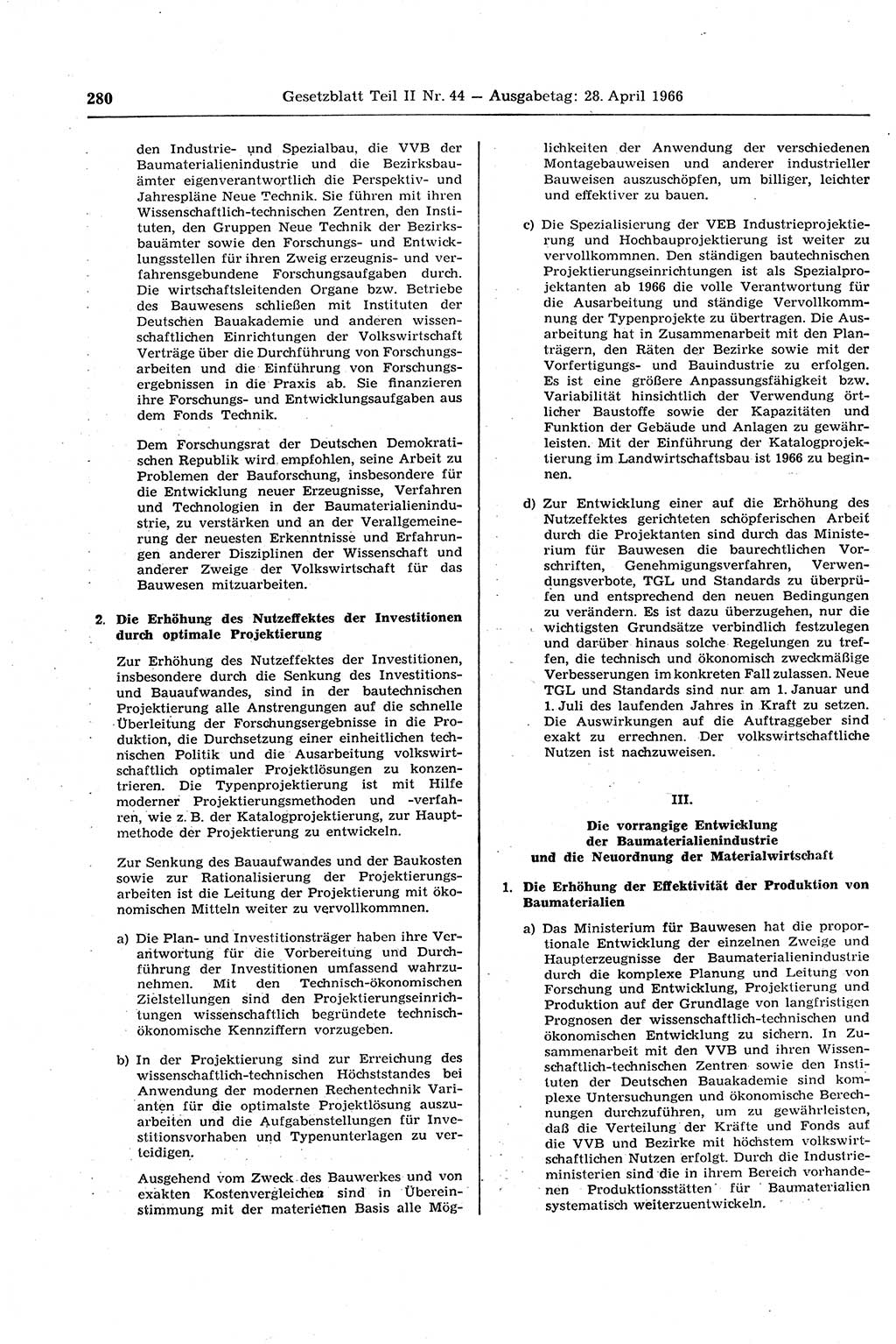 Gesetzblatt (GBl.) der Deutschen Demokratischen Republik (DDR) Teil ⅠⅠ 1966, Seite 280 (GBl. DDR ⅠⅠ 1966, S. 280)
