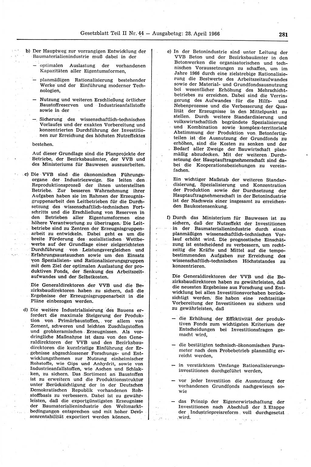 Gesetzblatt (GBl.) der Deutschen Demokratischen Republik (DDR) Teil ⅠⅠ 1966, Seite 281 (GBl. DDR ⅠⅠ 1966, S. 281)