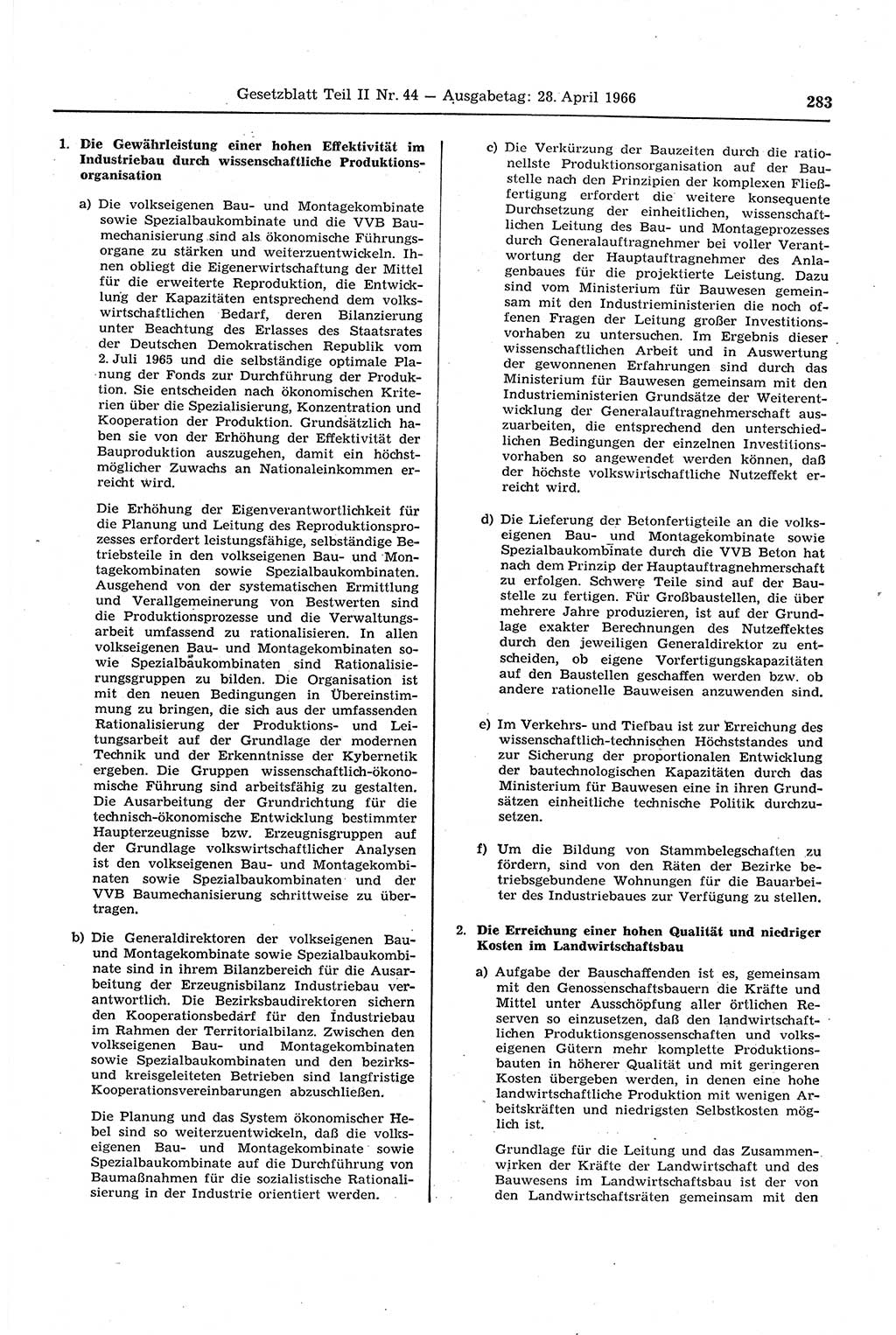 Gesetzblatt (GBl.) der Deutschen Demokratischen Republik (DDR) Teil ⅠⅠ 1966, Seite 283 (GBl. DDR ⅠⅠ 1966, S. 283)