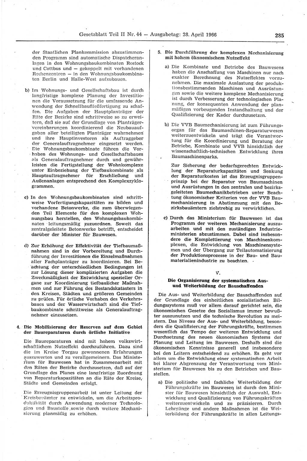 Gesetzblatt (GBl.) der Deutschen Demokratischen Republik (DDR) Teil ⅠⅠ 1966, Seite 285 (GBl. DDR ⅠⅠ 1966, S. 285)