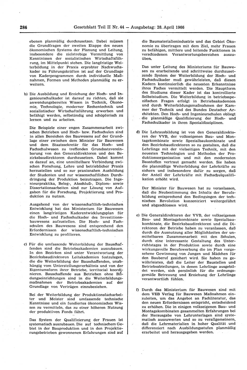 Gesetzblatt (GBl.) der Deutschen Demokratischen Republik (DDR) Teil ⅠⅠ 1966, Seite 286 (GBl. DDR ⅠⅠ 1966, S. 286)