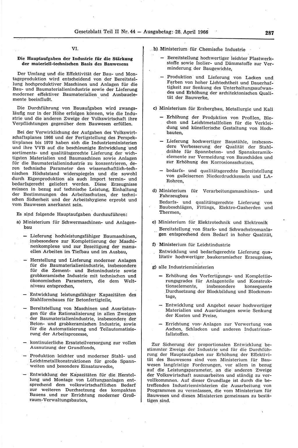 Gesetzblatt (GBl.) der Deutschen Demokratischen Republik (DDR) Teil ⅠⅠ 1966, Seite 287 (GBl. DDR ⅠⅠ 1966, S. 287)