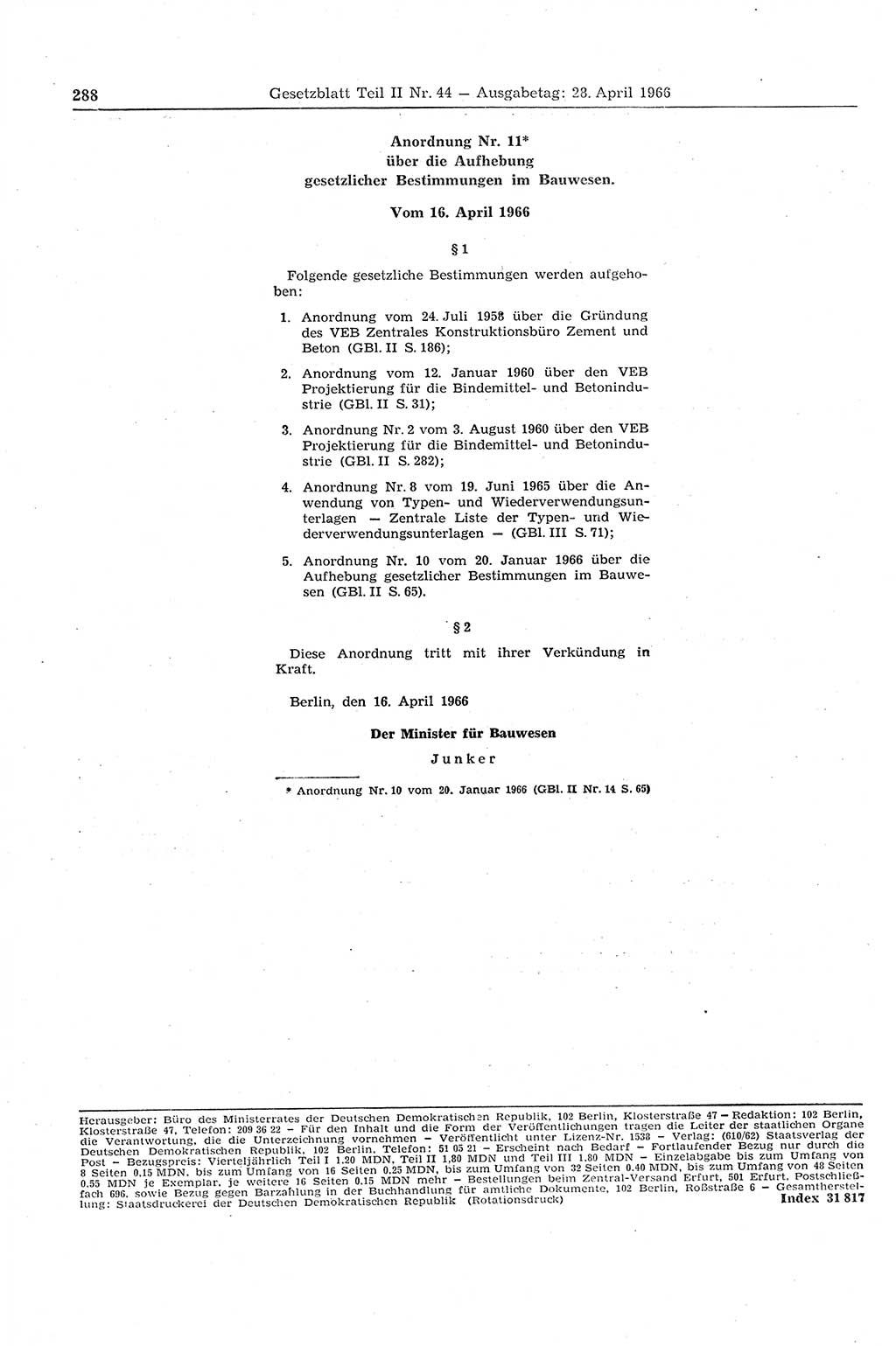 Gesetzblatt (GBl.) der Deutschen Demokratischen Republik (DDR) Teil ⅠⅠ 1966, Seite 288 (GBl. DDR ⅠⅠ 1966, S. 288)