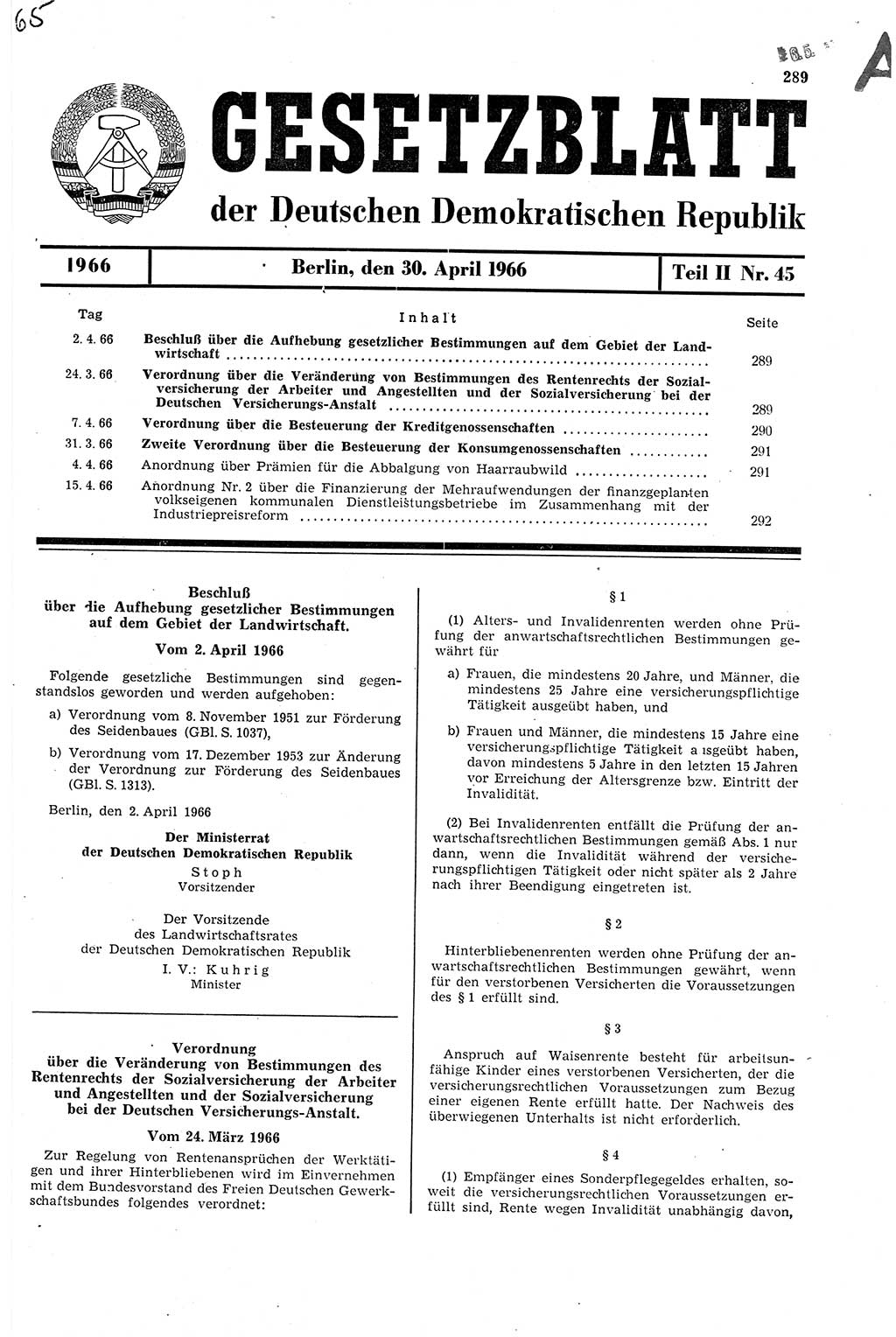 Gesetzblatt (GBl.) der Deutschen Demokratischen Republik (DDR) Teil ⅠⅠ 1966, Seite 289 (GBl. DDR ⅠⅠ 1966, S. 289)