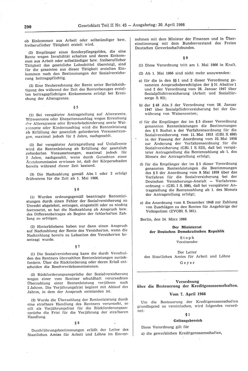 Gesetzblatt (GBl.) der Deutschen Demokratischen Republik (DDR) Teil ⅠⅠ 1966, Seite 290 (GBl. DDR ⅠⅠ 1966, S. 290)