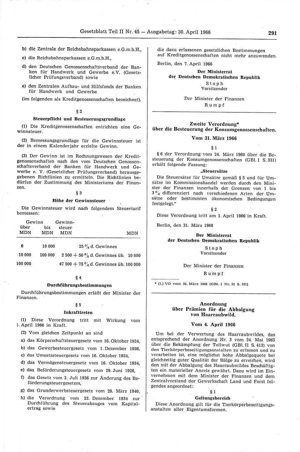 Gesetzblatt (GBl.) der Deutschen Demokratischen Republik (DDR) Teil ⅠⅠ 1966, Seite 291 (GBl. DDR ⅠⅠ 1966, S. 291)