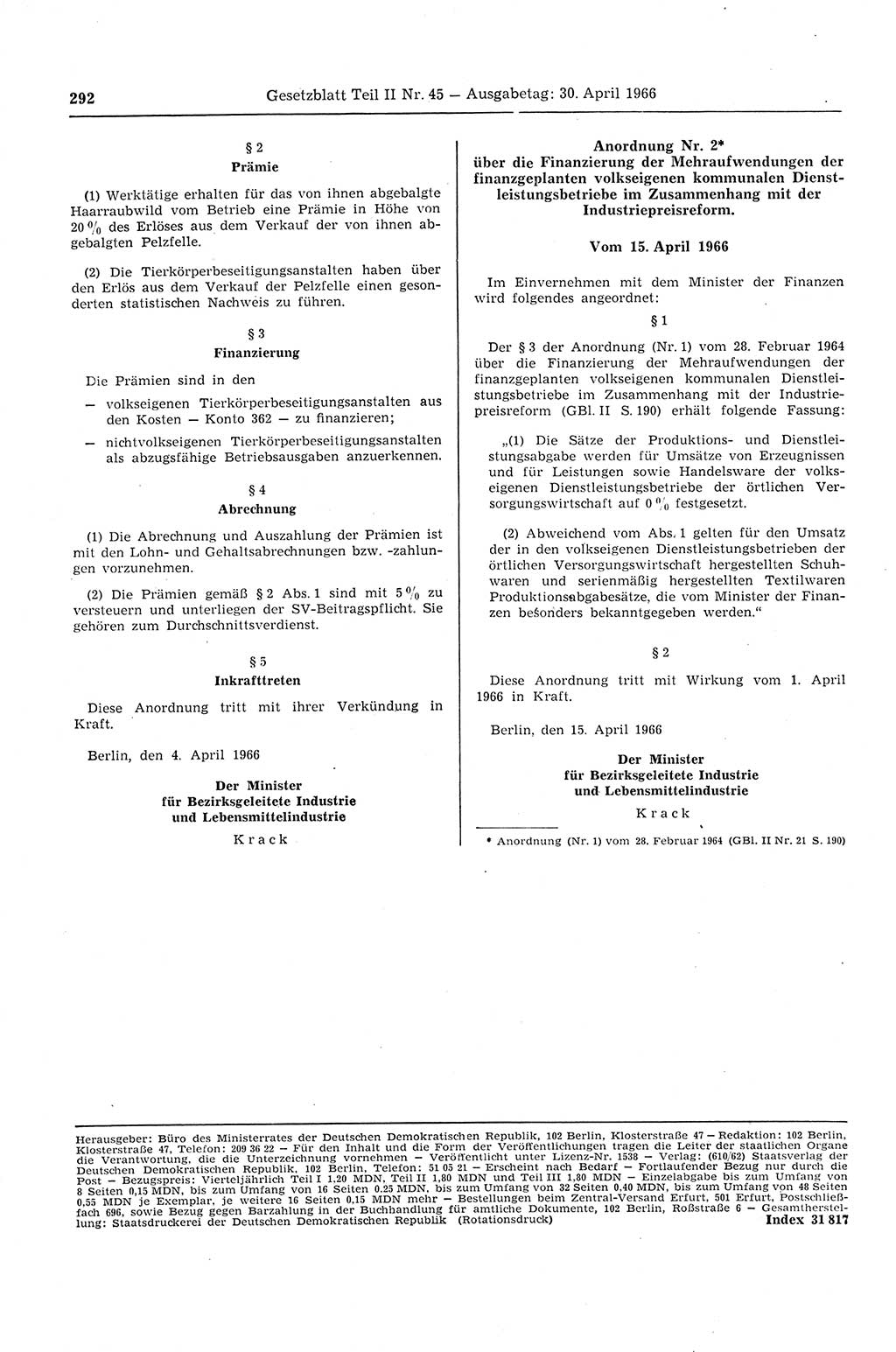 Gesetzblatt (GBl.) der Deutschen Demokratischen Republik (DDR) Teil ⅠⅠ 1966, Seite 292 (GBl. DDR ⅠⅠ 1966, S. 292)