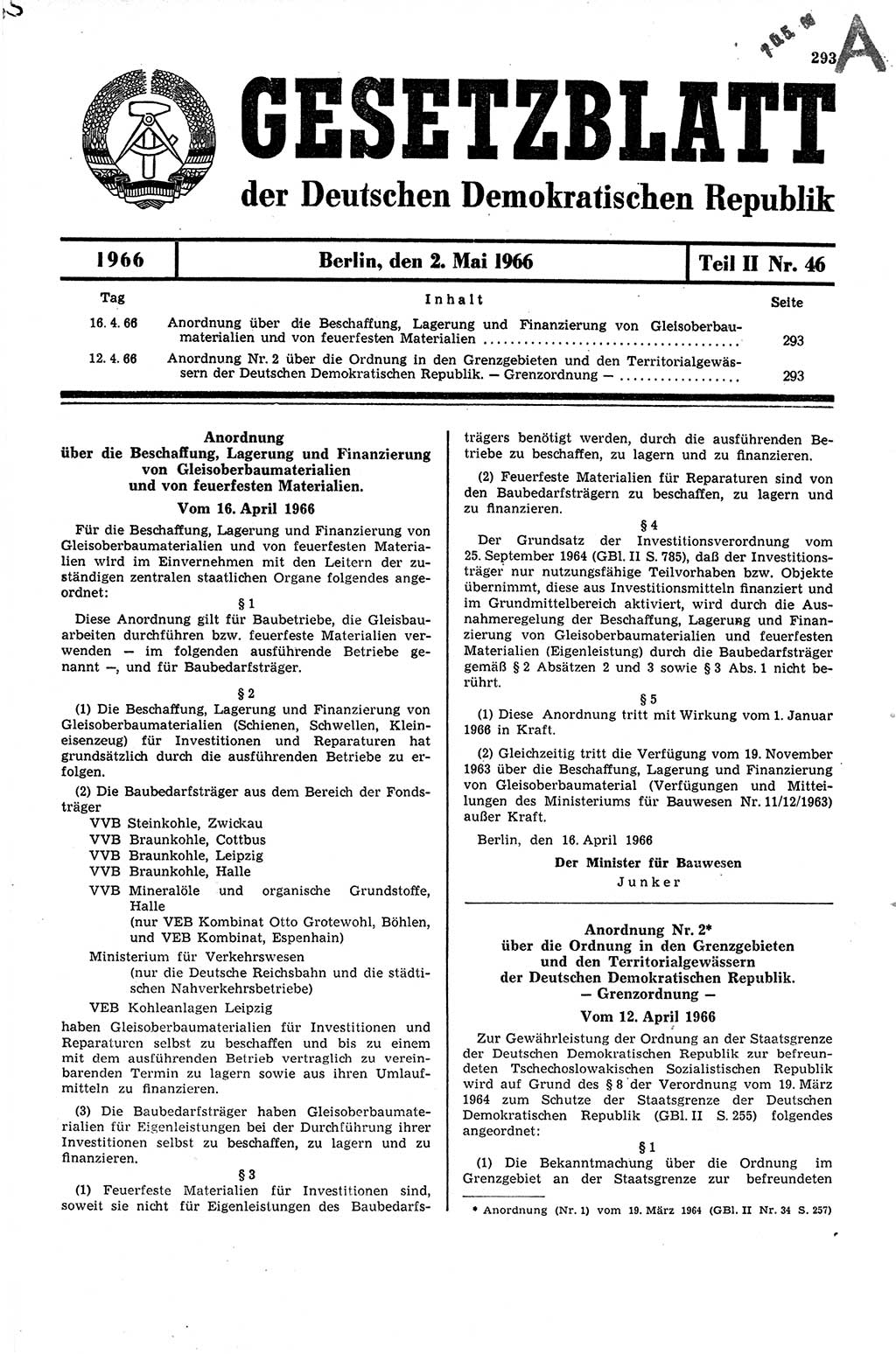 Gesetzblatt (GBl.) der Deutschen Demokratischen Republik (DDR) Teil ⅠⅠ 1966, Seite 293 (GBl. DDR ⅠⅠ 1966, S. 293)