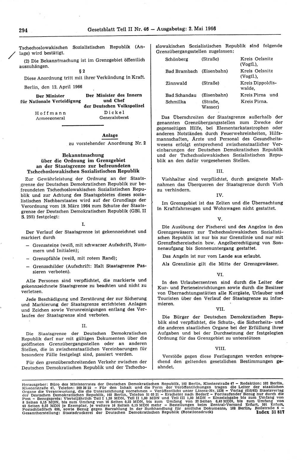 Gesetzblatt (GBl.) der Deutschen Demokratischen Republik (DDR) Teil ⅠⅠ 1966, Seite 294 (GBl. DDR ⅠⅠ 1966, S. 294)