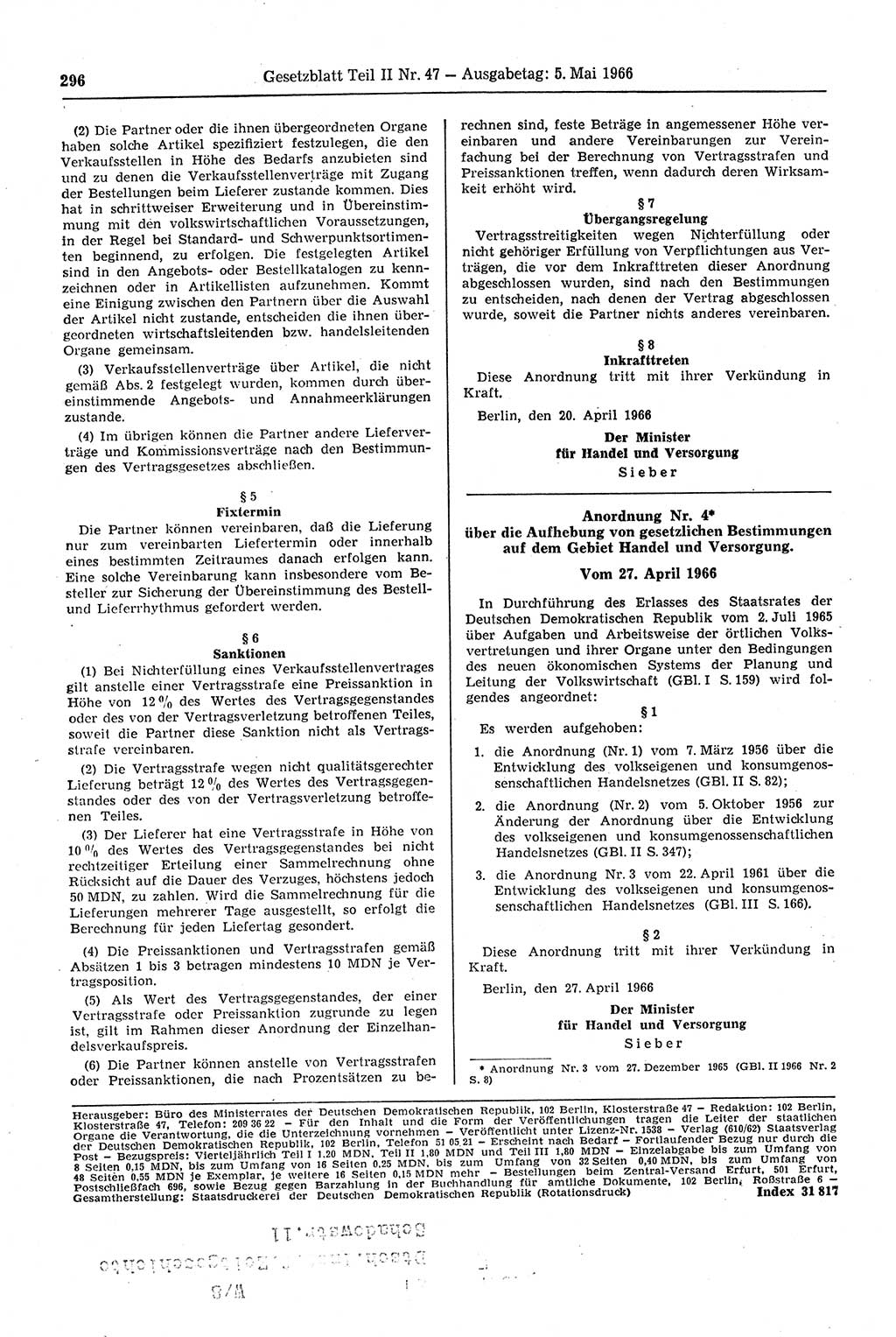 Gesetzblatt (GBl.) der Deutschen Demokratischen Republik (DDR) Teil ⅠⅠ 1966, Seite 296 (GBl. DDR ⅠⅠ 1966, S. 296)
