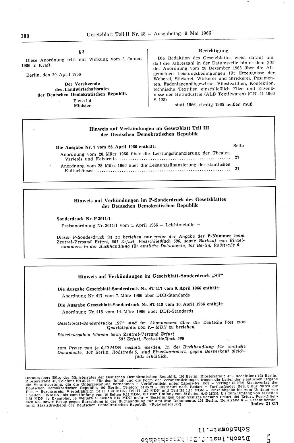 Gesetzblatt (GBl.) der Deutschen Demokratischen Republik (DDR) Teil ⅠⅠ 1966, Seite 300 (GBl. DDR ⅠⅠ 1966, S. 300)