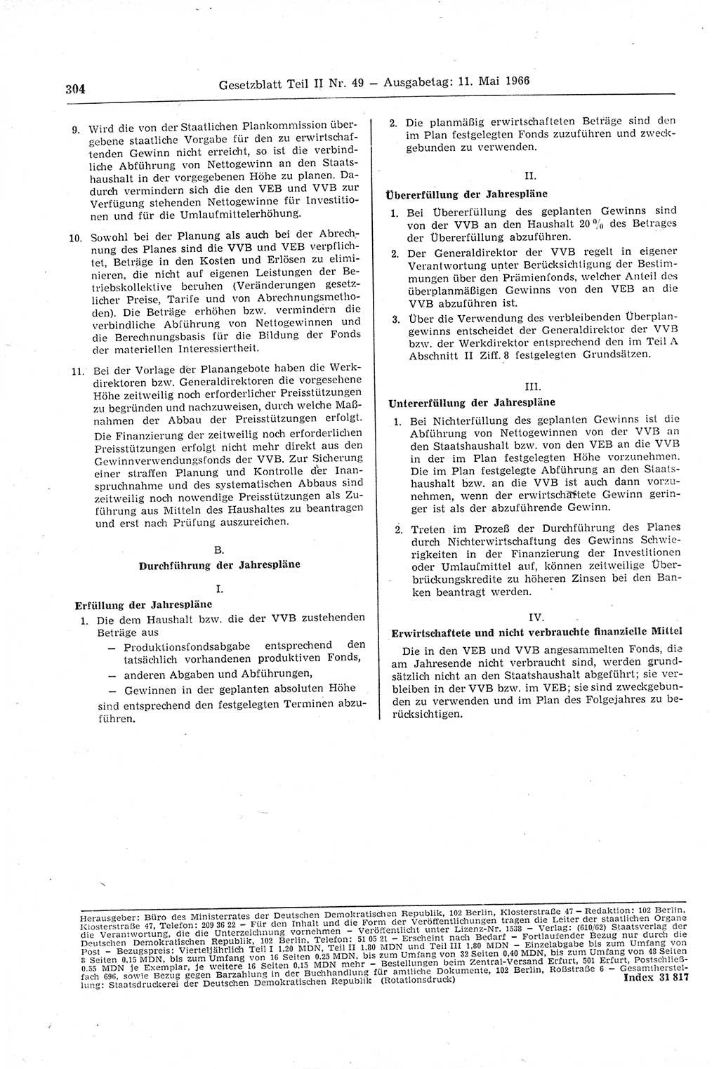 Gesetzblatt (GBl.) der Deutschen Demokratischen Republik (DDR) Teil ⅠⅠ 1966, Seite 304 (GBl. DDR ⅠⅠ 1966, S. 304)