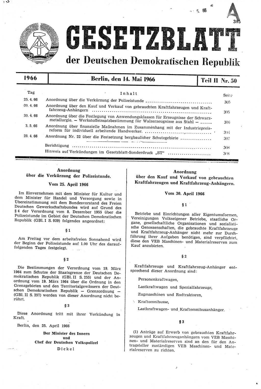 Gesetzblatt (GBl.) der Deutschen Demokratischen Republik (DDR) Teil ⅠⅠ 1966, Seite 305 (GBl. DDR ⅠⅠ 1966, S. 305)