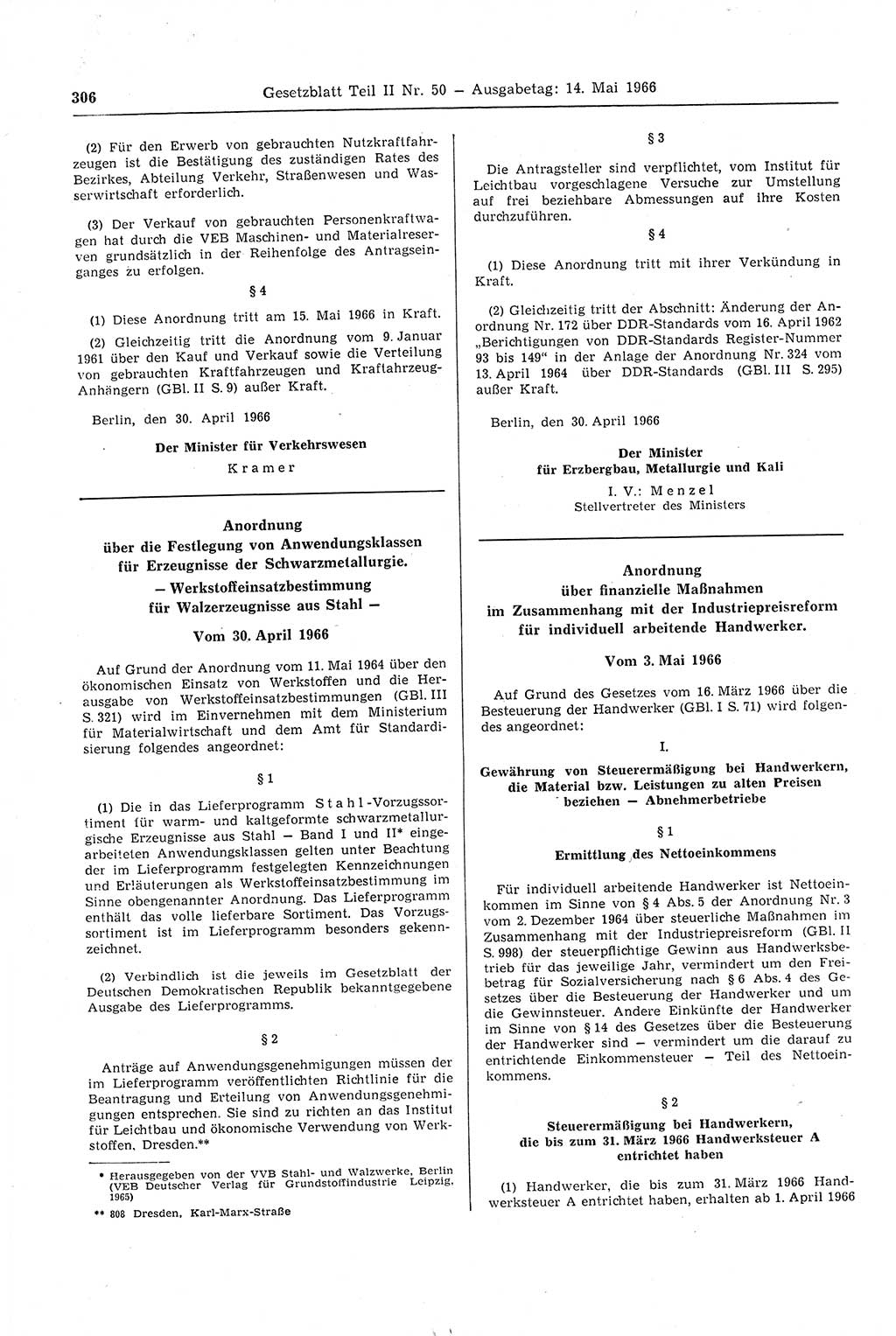 Gesetzblatt (GBl.) der Deutschen Demokratischen Republik (DDR) Teil ⅠⅠ 1966, Seite 306 (GBl. DDR ⅠⅠ 1966, S. 306)