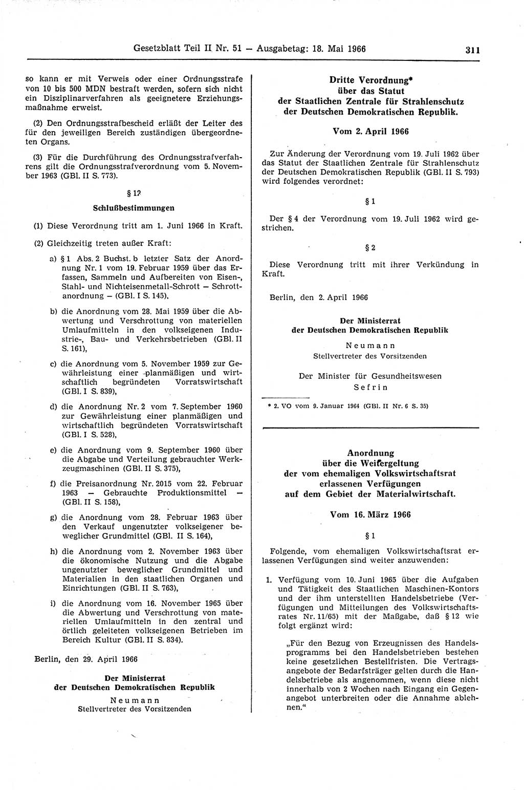 Gesetzblatt (GBl.) der Deutschen Demokratischen Republik (DDR) Teil ⅠⅠ 1966, Seite 311 (GBl. DDR ⅠⅠ 1966, S. 311)