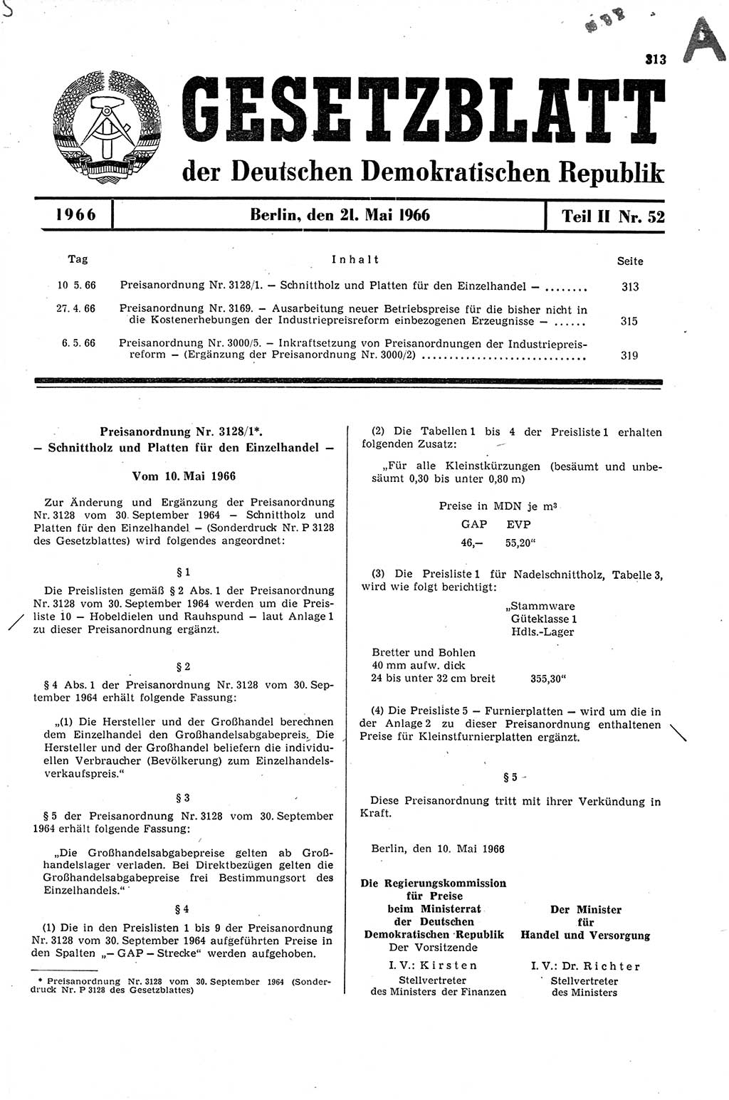 Gesetzblatt (GBl.) der Deutschen Demokratischen Republik (DDR) Teil ⅠⅠ 1966, Seite 313 (GBl. DDR ⅠⅠ 1966, S. 313)