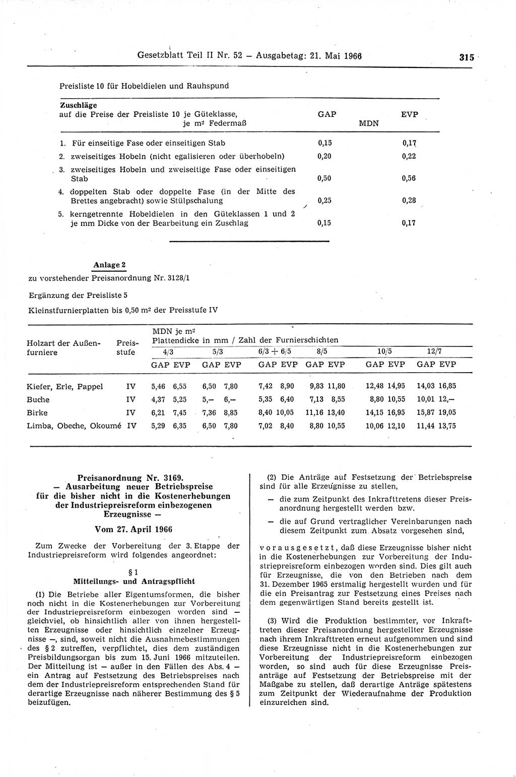 Gesetzblatt (GBl.) der Deutschen Demokratischen Republik (DDR) Teil ⅠⅠ 1966, Seite 315 (GBl. DDR ⅠⅠ 1966, S. 315)