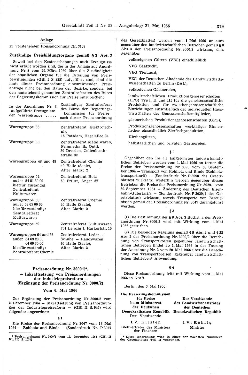 Gesetzblatt (GBl.) der Deutschen Demokratischen Republik (DDR) Teil ⅠⅠ 1966, Seite 319 (GBl. DDR ⅠⅠ 1966, S. 319)
