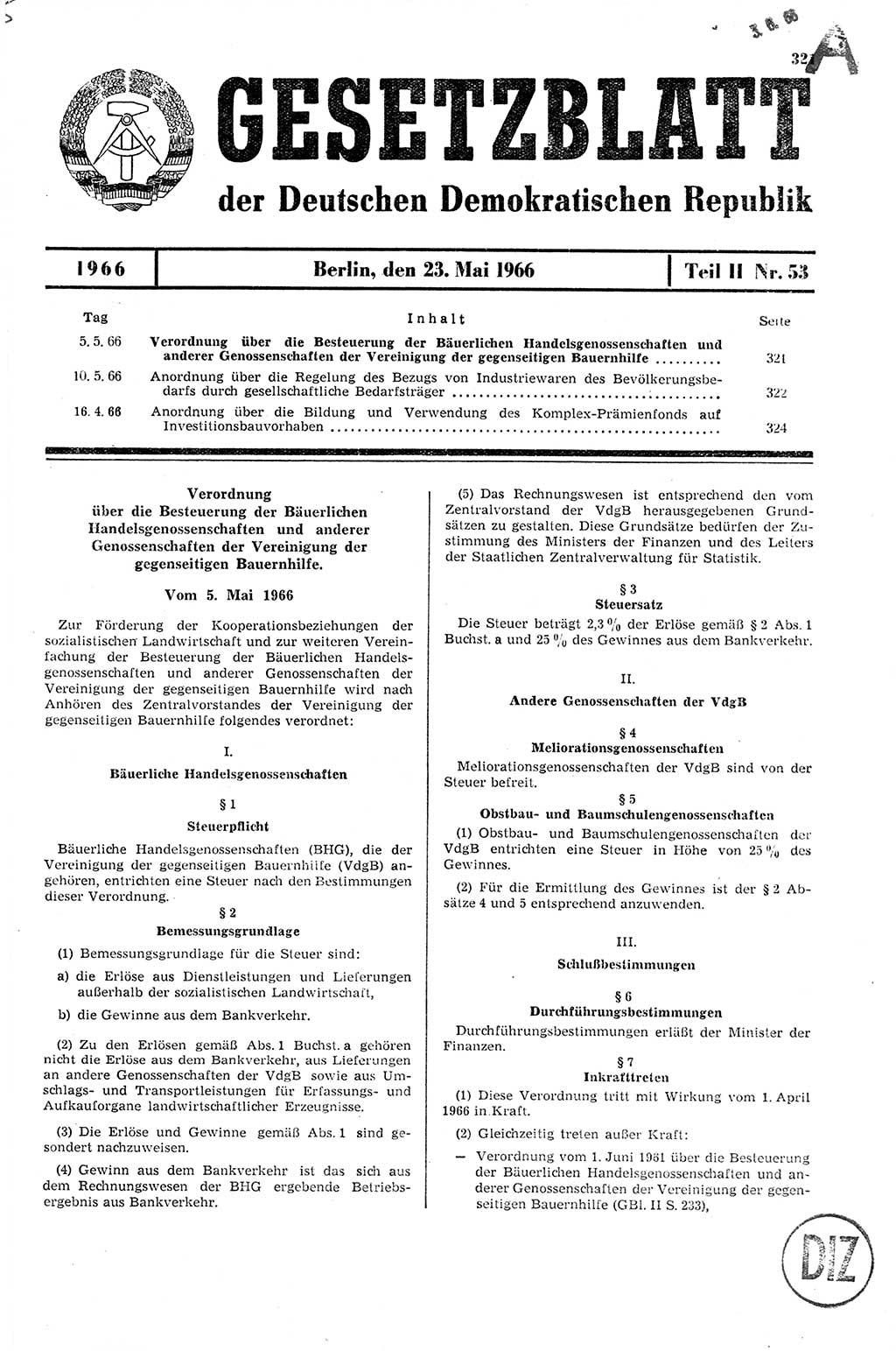 Gesetzblatt (GBl.) der Deutschen Demokratischen Republik (DDR) Teil ⅠⅠ 1966, Seite 321 (GBl. DDR ⅠⅠ 1966, S. 321)