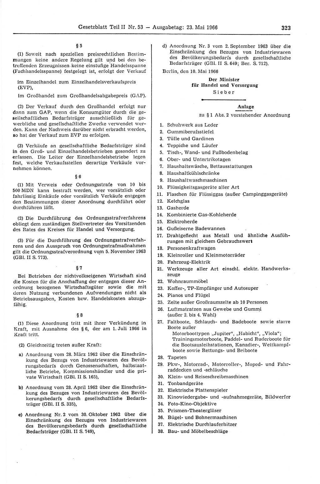 Gesetzblatt (GBl.) der Deutschen Demokratischen Republik (DDR) Teil ⅠⅠ 1966, Seite 323 (GBl. DDR ⅠⅠ 1966, S. 323)