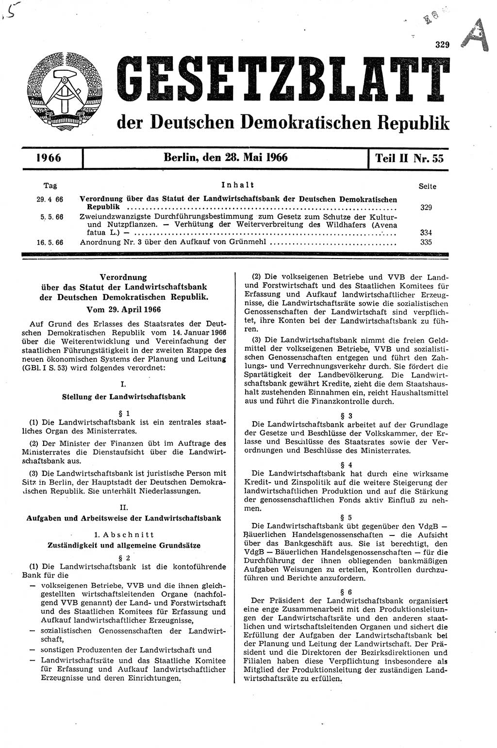 Gesetzblatt (GBl.) der Deutschen Demokratischen Republik (DDR) Teil ⅠⅠ 1966, Seite 329 (GBl. DDR ⅠⅠ 1966, S. 329)