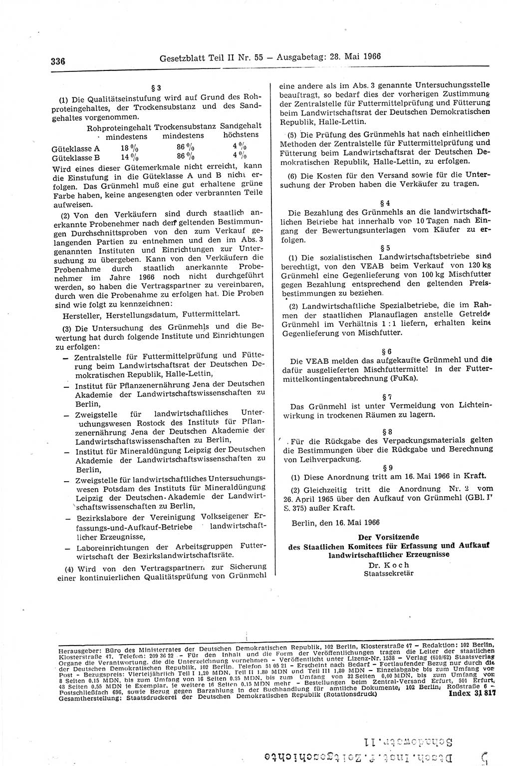 Gesetzblatt (GBl.) der Deutschen Demokratischen Republik (DDR) Teil ⅠⅠ 1966, Seite 336 (GBl. DDR ⅠⅠ 1966, S. 336)