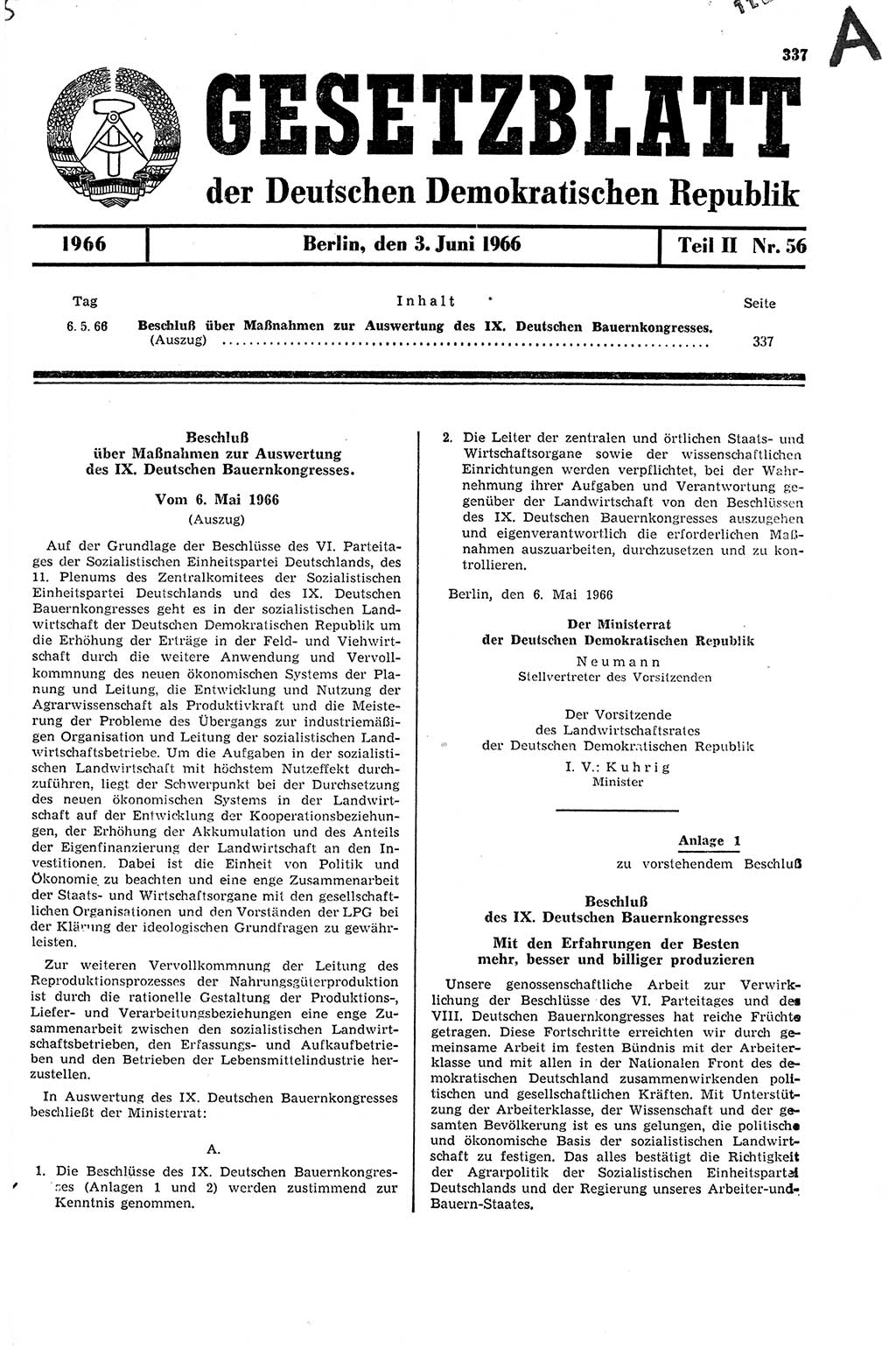 Gesetzblatt (GBl.) der Deutschen Demokratischen Republik (DDR) Teil ⅠⅠ 1966, Seite 337 (GBl. DDR ⅠⅠ 1966, S. 337)