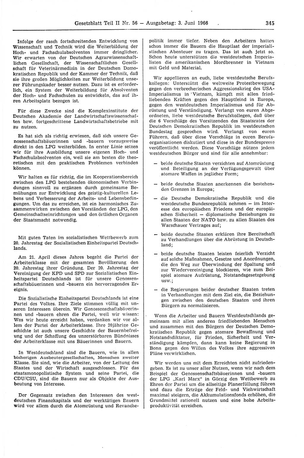 Gesetzblatt (GBl.) der Deutschen Demokratischen Republik (DDR) Teil ⅠⅠ 1966, Seite 345 (GBl. DDR ⅠⅠ 1966, S. 345)