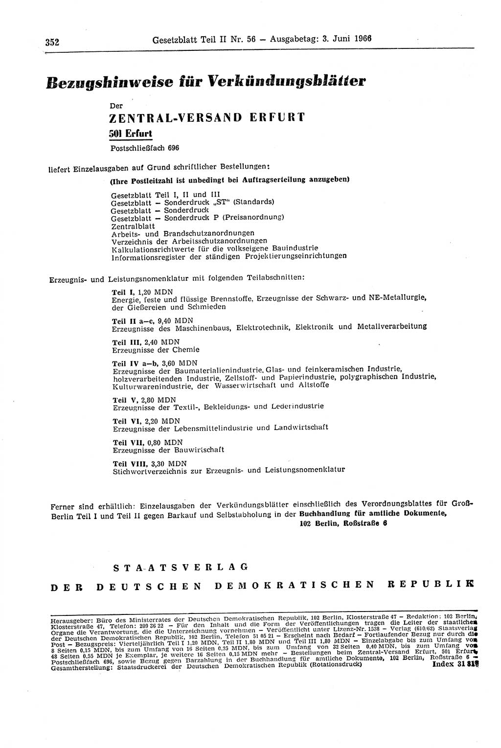 Gesetzblatt (GBl.) der Deutschen Demokratischen Republik (DDR) Teil ⅠⅠ 1966, Seite 352 (GBl. DDR ⅠⅠ 1966, S. 352)