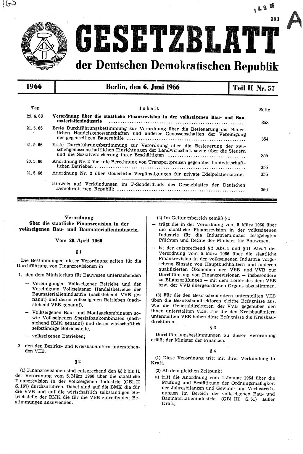 Gesetzblatt (GBl.) der Deutschen Demokratischen Republik (DDR) Teil ⅠⅠ 1966, Seite 353 (GBl. DDR ⅠⅠ 1966, S. 353)