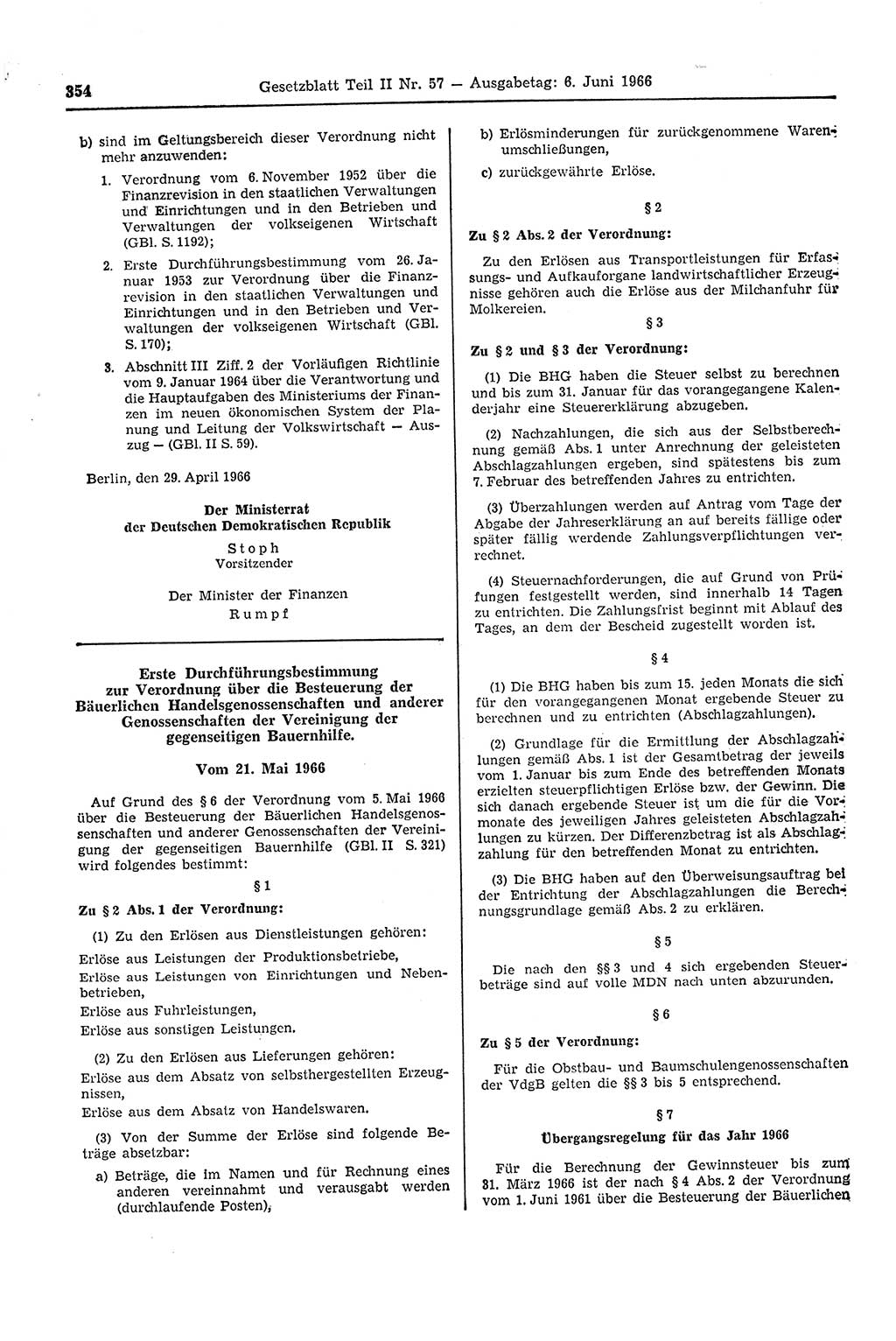 Gesetzblatt (GBl.) der Deutschen Demokratischen Republik (DDR) Teil ⅠⅠ 1966, Seite 354 (GBl. DDR ⅠⅠ 1966, S. 354)