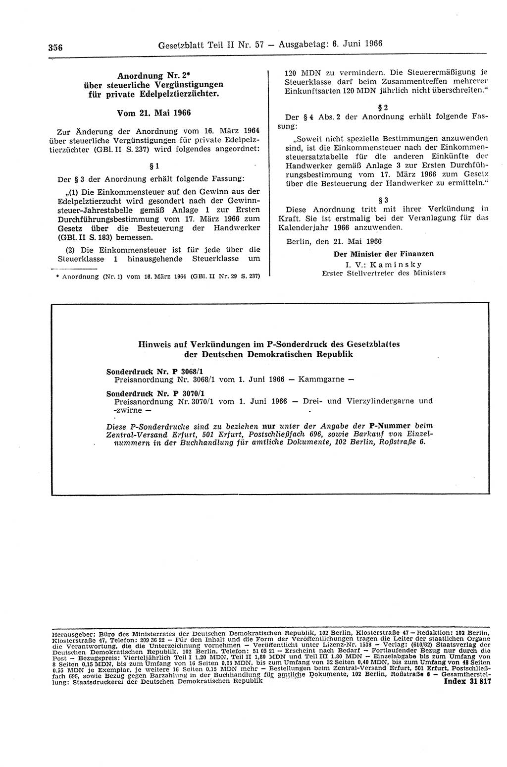 Gesetzblatt (GBl.) der Deutschen Demokratischen Republik (DDR) Teil ⅠⅠ 1966, Seite 356 (GBl. DDR ⅠⅠ 1966, S. 356)