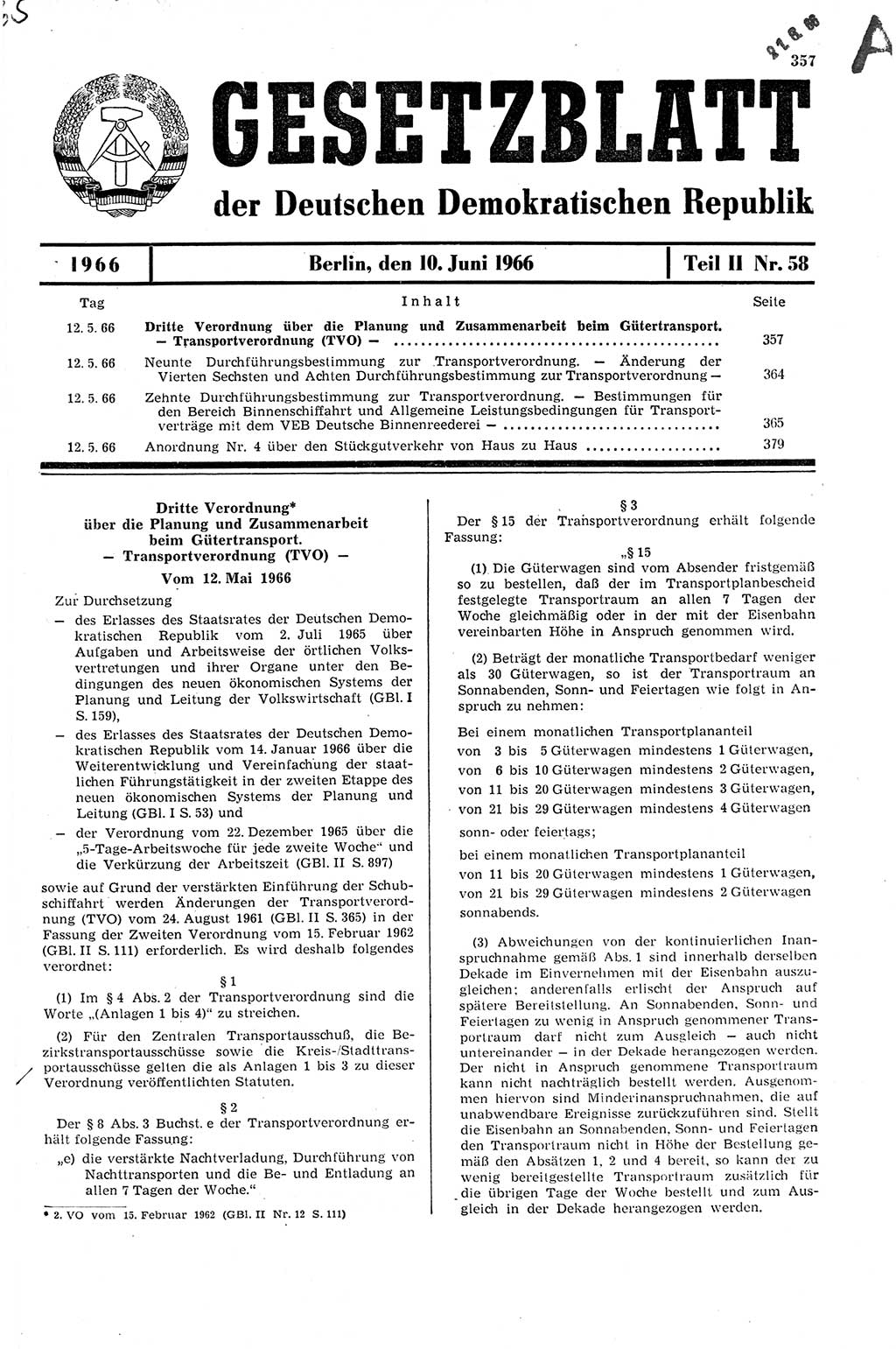 Gesetzblatt (GBl.) der Deutschen Demokratischen Republik (DDR) Teil ⅠⅠ 1966, Seite 357 (GBl. DDR ⅠⅠ 1966, S. 357)