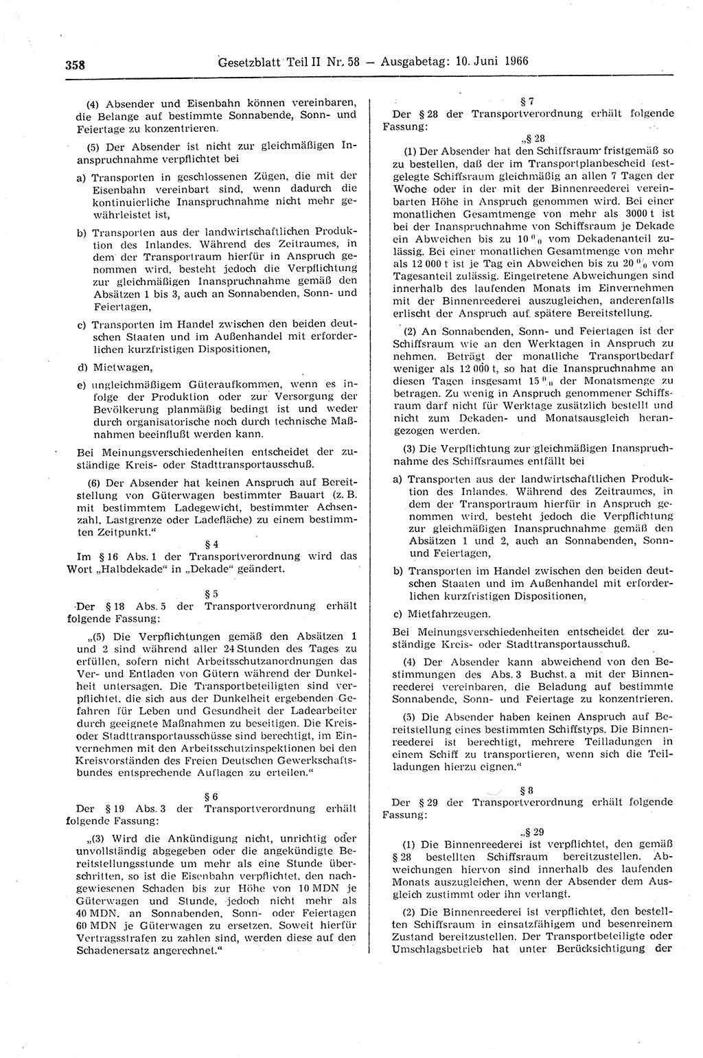 Gesetzblatt (GBl.) der Deutschen Demokratischen Republik (DDR) Teil ⅠⅠ 1966, Seite 358 (GBl. DDR ⅠⅠ 1966, S. 358)