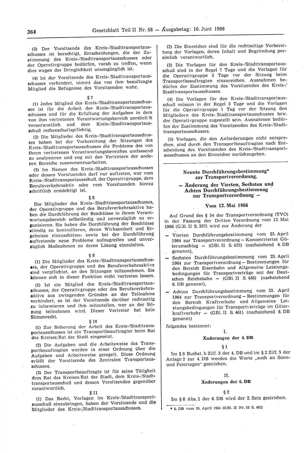 Gesetzblatt (GBl.) der Deutschen Demokratischen Republik (DDR) Teil ⅠⅠ 1966, Seite 364 (GBl. DDR ⅠⅠ 1966, S. 364)