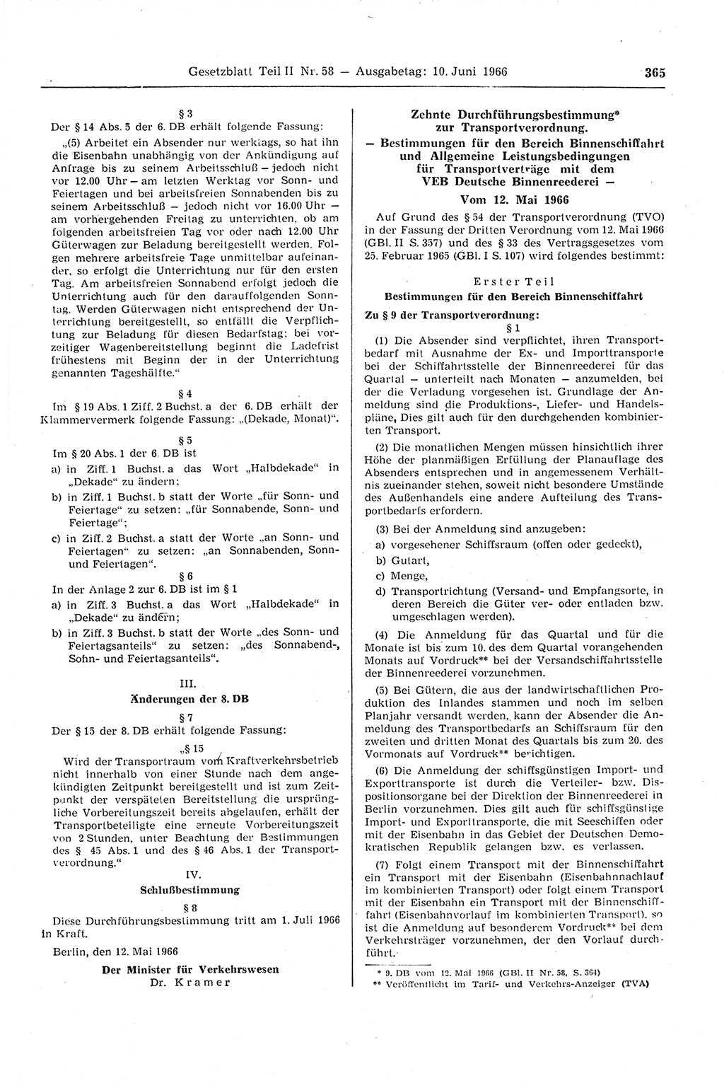 Gesetzblatt (GBl.) der Deutschen Demokratischen Republik (DDR) Teil ⅠⅠ 1966, Seite 365 (GBl. DDR ⅠⅠ 1966, S. 365)