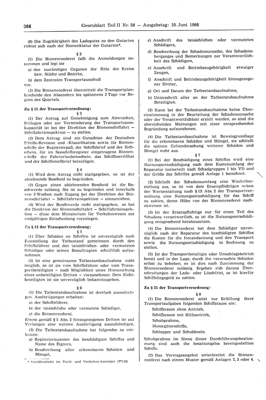 Gesetzblatt (GBl.) der Deutschen Demokratischen Republik (DDR) Teil ⅠⅠ 1966, Seite 366 (GBl. DDR ⅠⅠ 1966, S. 366)