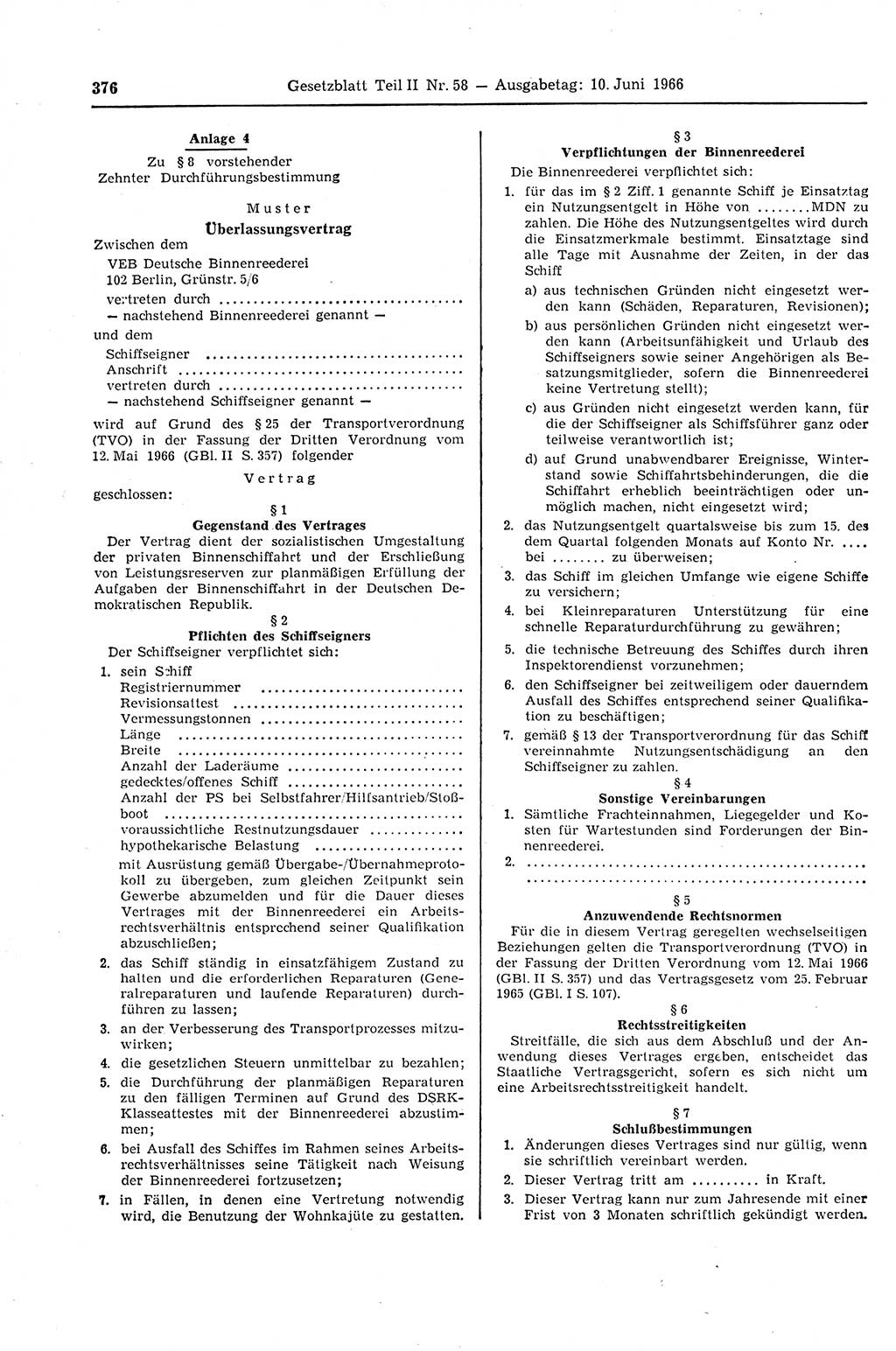 Gesetzblatt (GBl.) der Deutschen Demokratischen Republik (DDR) Teil ⅠⅠ 1966, Seite 376 (GBl. DDR ⅠⅠ 1966, S. 376)