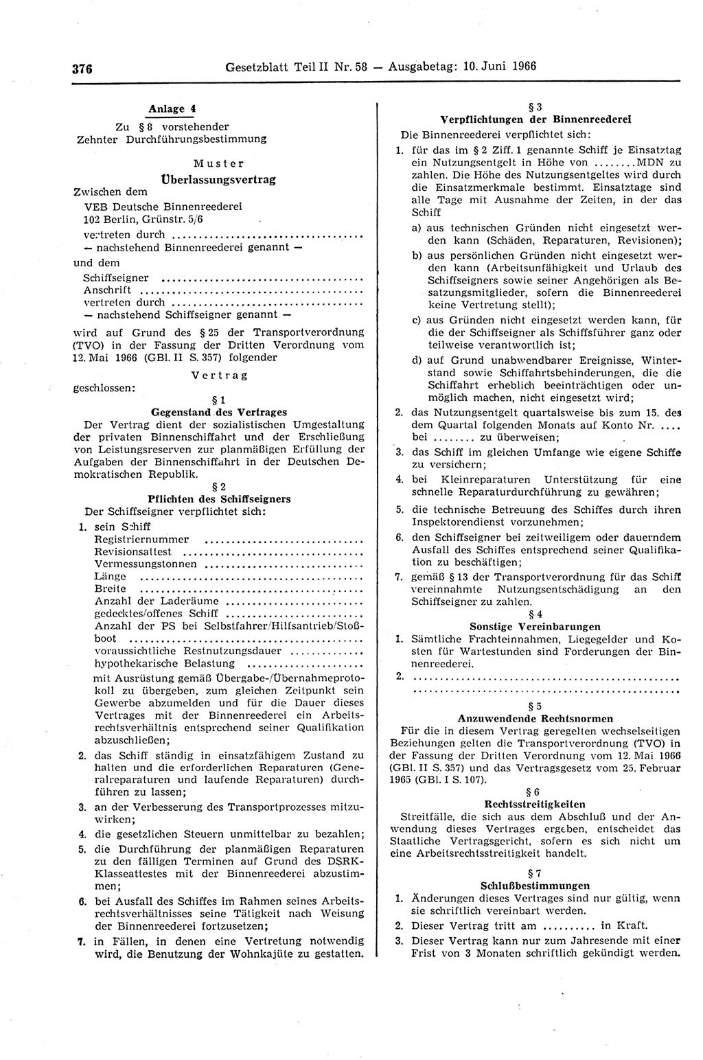 Gesetzblatt (GBl.) der Deutschen Demokratischen Republik (DDR) Teil ⅠⅠ 1966, Seite 376 (GBl. DDR ⅠⅠ 1966, S. 376)
