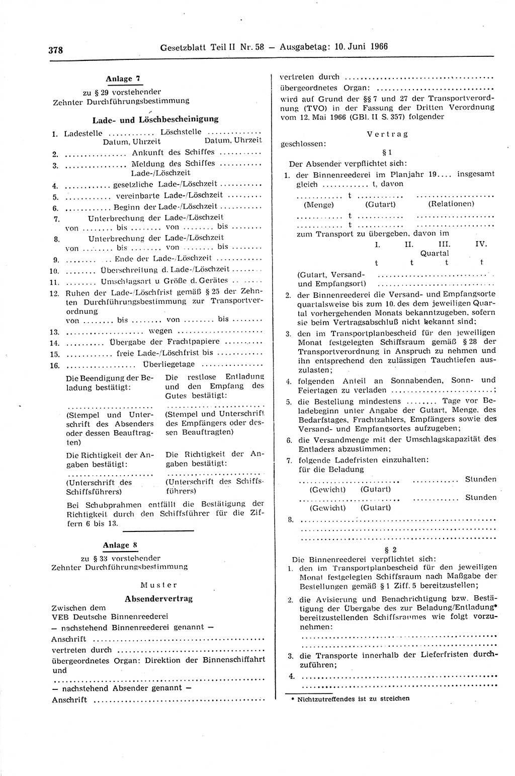 Gesetzblatt (GBl.) der Deutschen Demokratischen Republik (DDR) Teil ⅠⅠ 1966, Seite 378 (GBl. DDR ⅠⅠ 1966, S. 378)