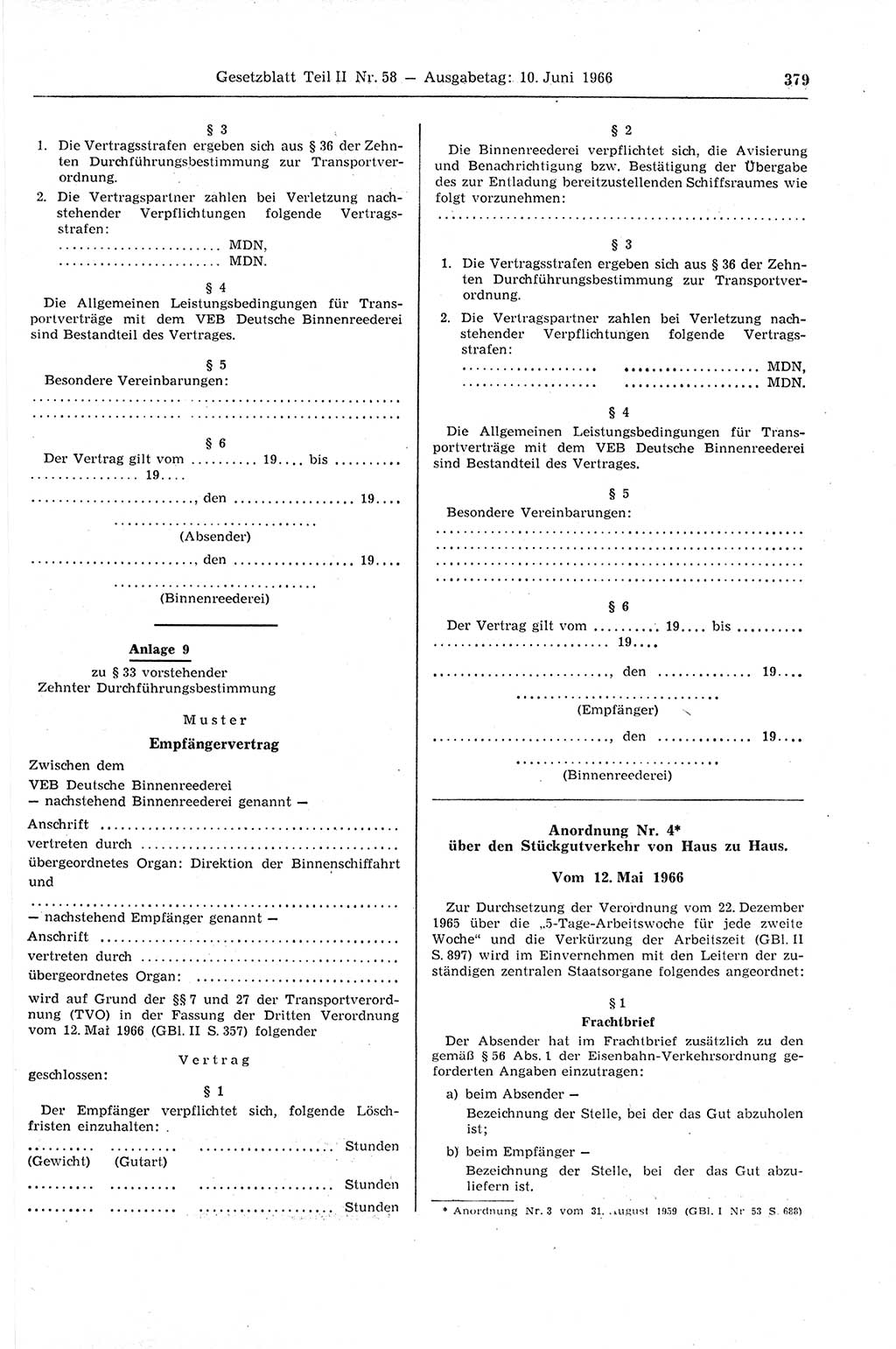 Gesetzblatt (GBl.) der Deutschen Demokratischen Republik (DDR) Teil ⅠⅠ 1966, Seite 379 (GBl. DDR ⅠⅠ 1966, S. 379)