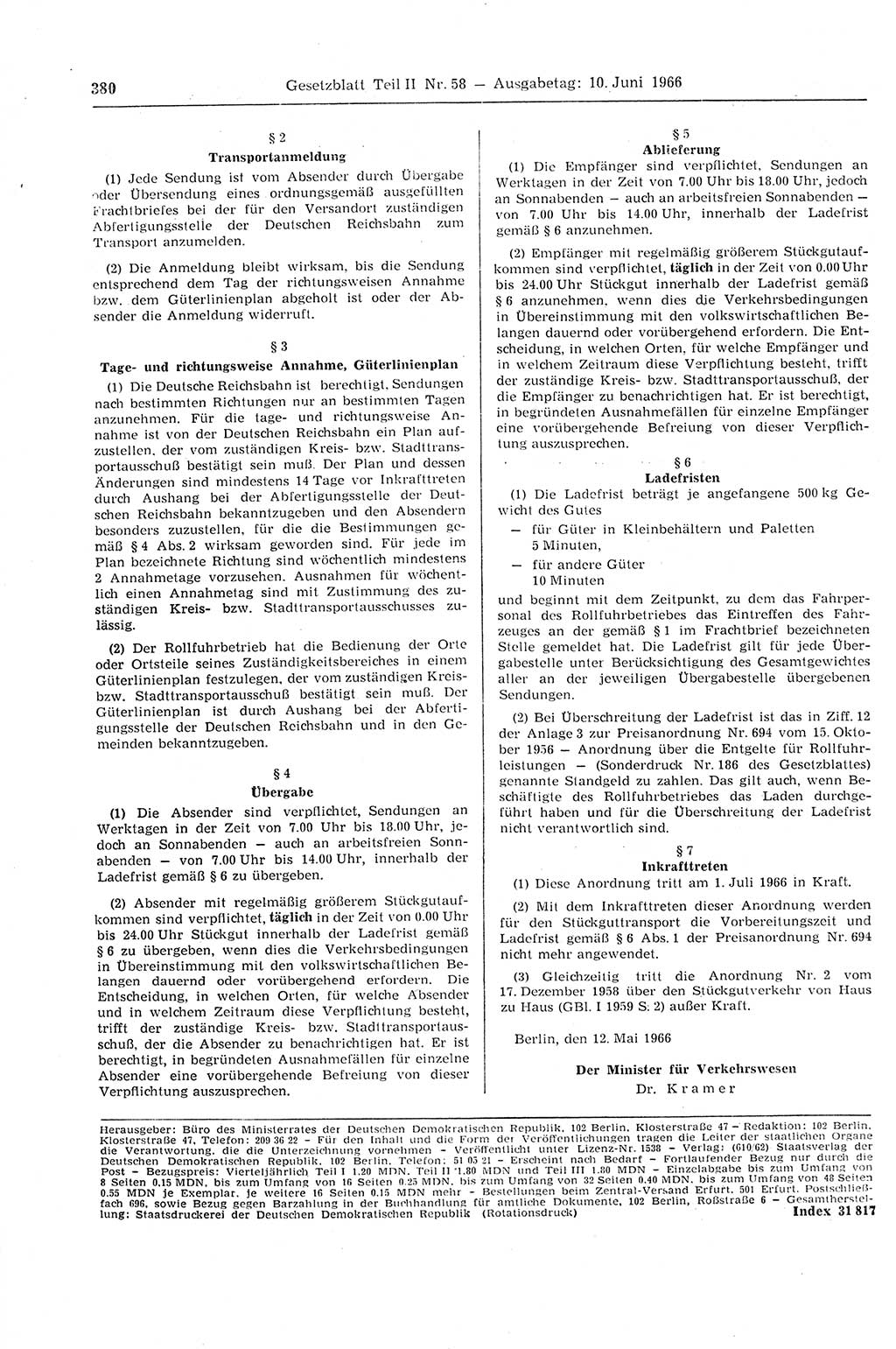 Gesetzblatt (GBl.) der Deutschen Demokratischen Republik (DDR) Teil ⅠⅠ 1966, Seite 380 (GBl. DDR ⅠⅠ 1966, S. 380)