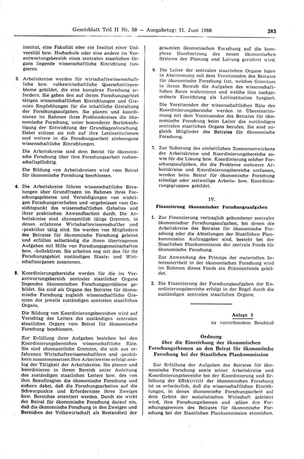 Gesetzblatt (GBl.) der Deutschen Demokratischen Republik (DDR) Teil ⅠⅠ 1966, Seite 383 (GBl. DDR ⅠⅠ 1966, S. 383)