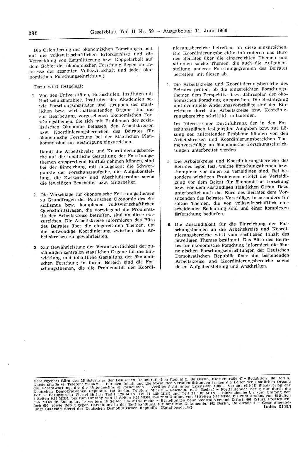 Gesetzblatt (GBl.) der Deutschen Demokratischen Republik (DDR) Teil ⅠⅠ 1966, Seite 384 (GBl. DDR ⅠⅠ 1966, S. 384)