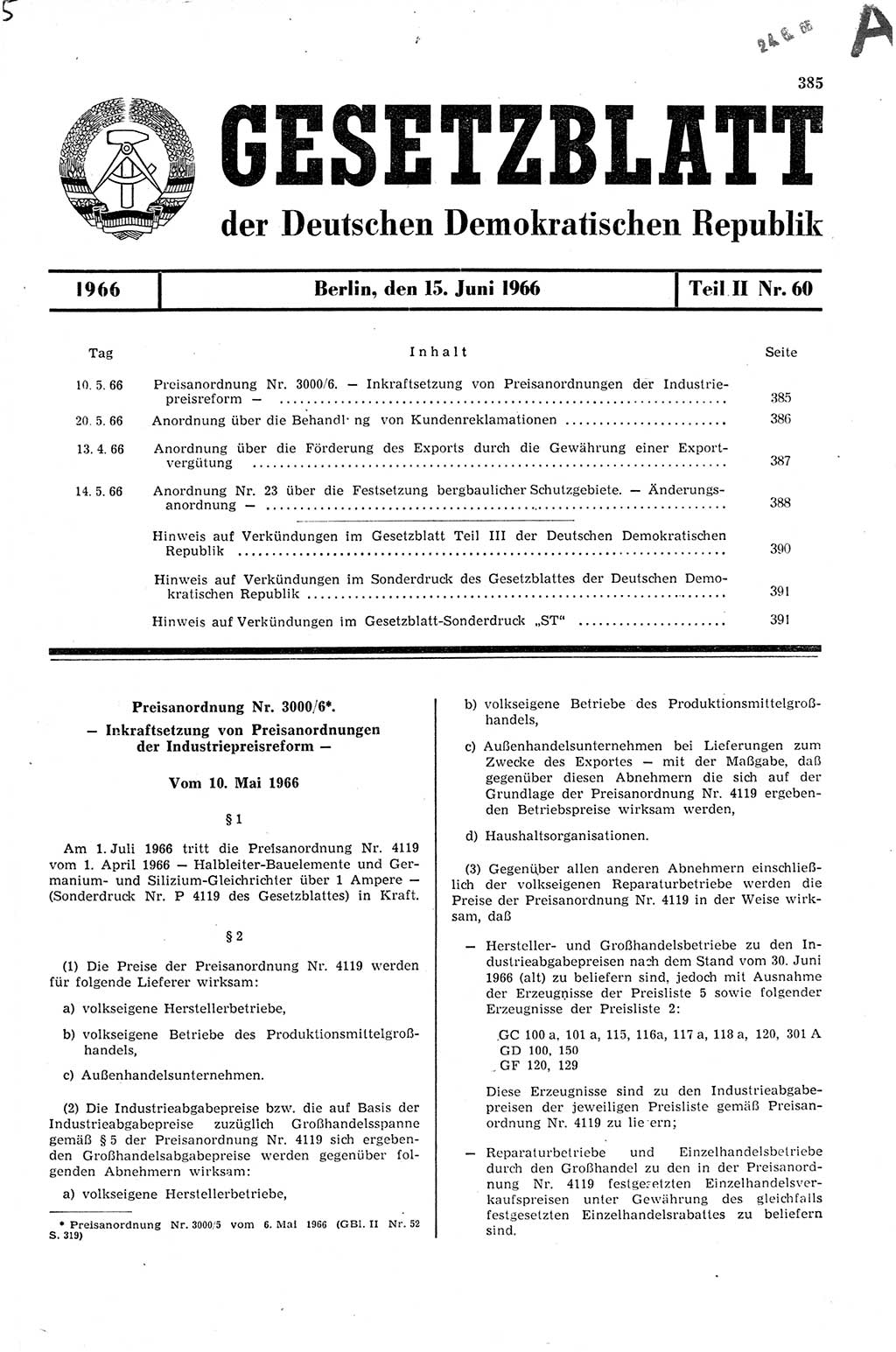 Gesetzblatt (GBl.) der Deutschen Demokratischen Republik (DDR) Teil ⅠⅠ 1966, Seite 385 (GBl. DDR ⅠⅠ 1966, S. 385)