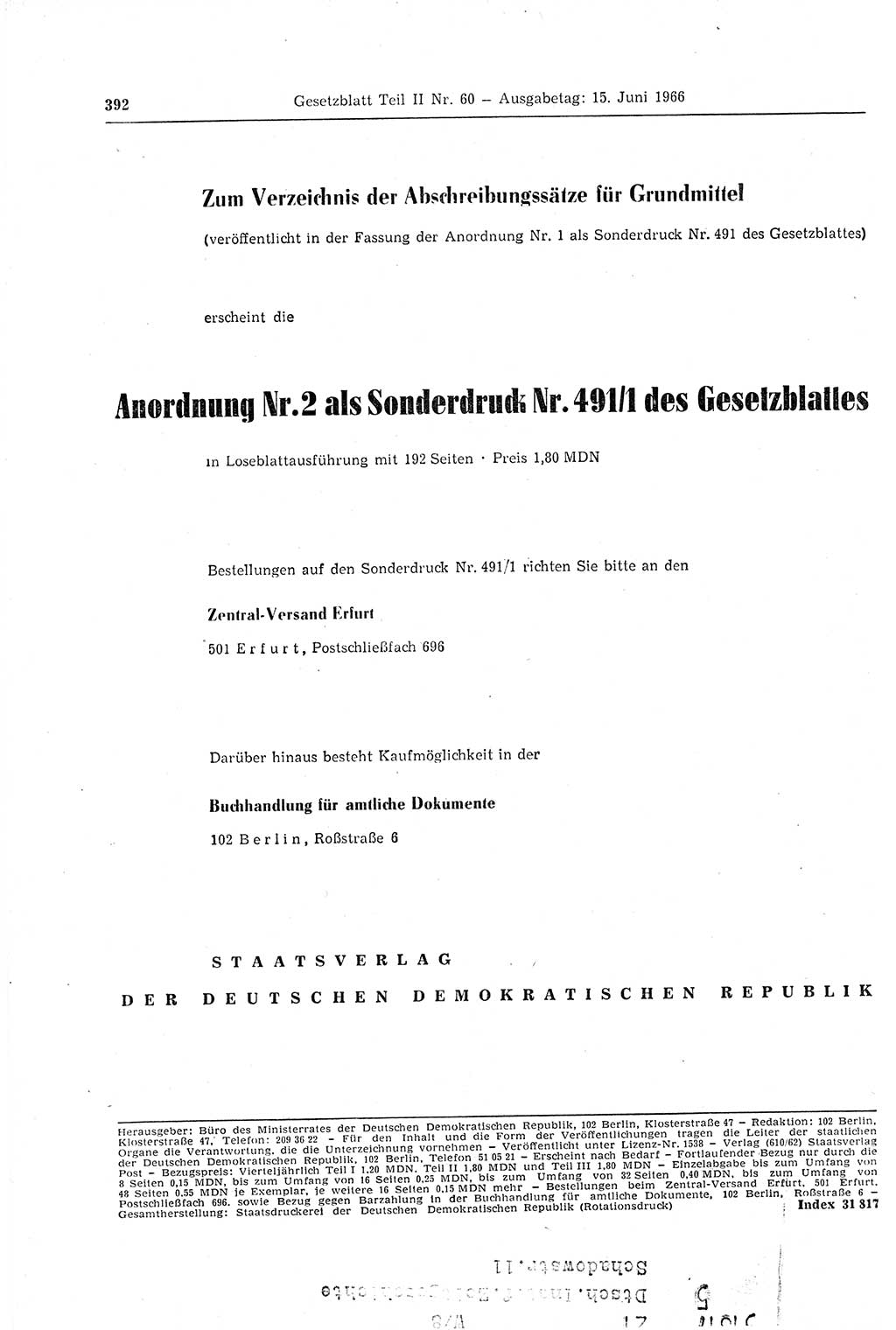 Gesetzblatt (GBl.) der Deutschen Demokratischen Republik (DDR) Teil ⅠⅠ 1966, Seite 392 (GBl. DDR ⅠⅠ 1966, S. 392)