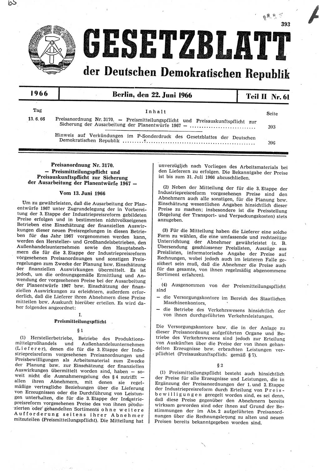 Gesetzblatt (GBl.) der Deutschen Demokratischen Republik (DDR) Teil ⅠⅠ 1966, Seite 393 (GBl. DDR ⅠⅠ 1966, S. 393)